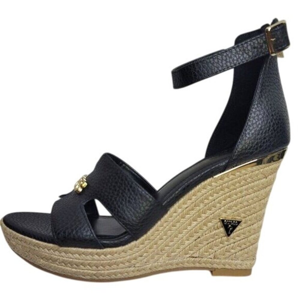 Guess Black Wedge Espadrille Sandals Size 10M Ankle Strap Gold Logo 4.5 Heel Box